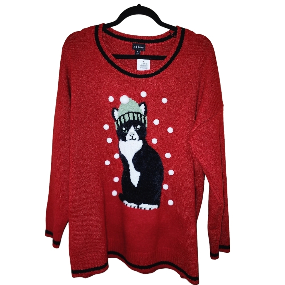 65 retail Torrid Red Christmas Sweater with Tuxedo Cat in hat in the snow.​